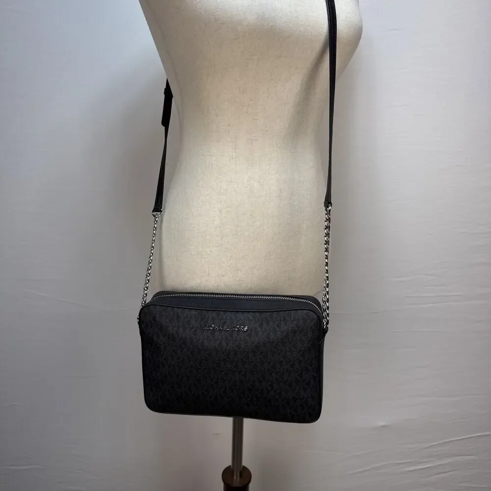Michael Kors Black Jet Set Large Logo Crossbody Bag Purse Silver Classic Minimal